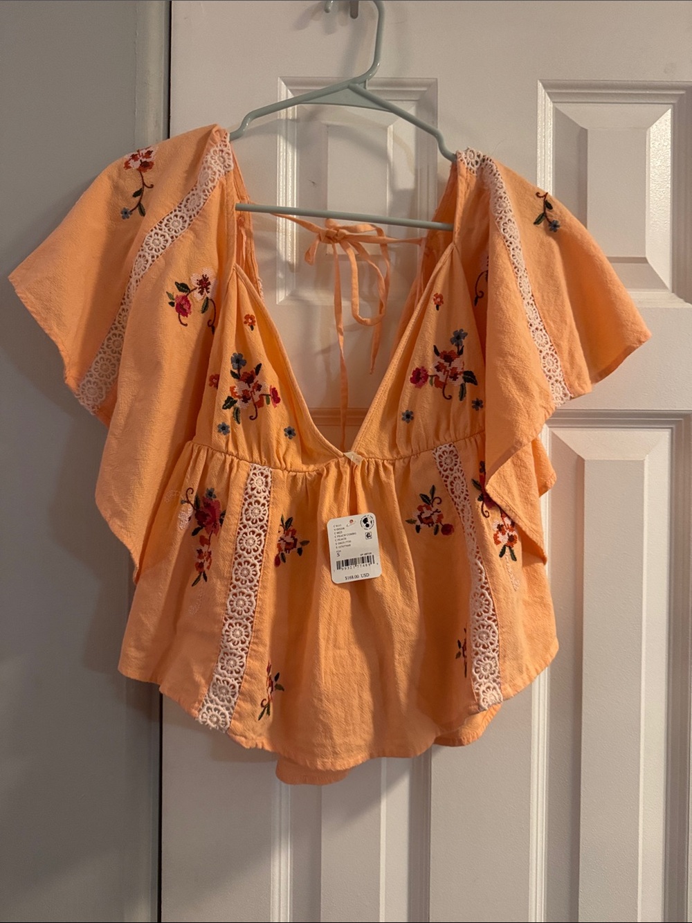 Free People Peach Embroidered V-Neck Peplum Top